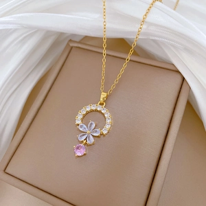 Elegant gold titanium steel necklace with flower pendant and pink cubic zirconia stone
