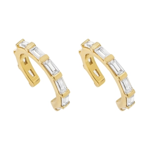 Minimalist gold ear cuff earrings featuring a single row of rectangular zircon stones