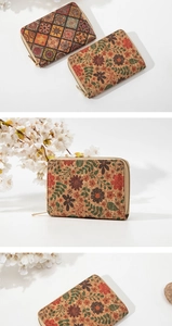 Cork small wallets with vintage tile and floral patterns showing natural wood textures
