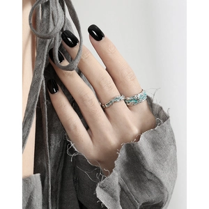 Minimalist S925 silver open rings with textured teal enamel inlay on model hand