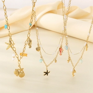 Layered Ocean Necklace Stainless Steel Seahorse Starfish Shell Dolphin Charms Artificial Pearl Turquoise Bead Bohemian Beach Women