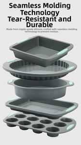 Detail of grey silicone baking molds with green non-slip handles and seamless design