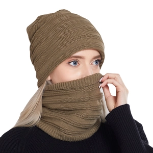 Winter knitted beanie hat and neck warmer set in brown for outdoor warmth and comfort