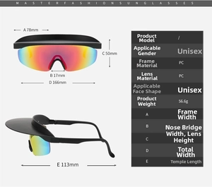 Size chart showing frame dimensions of 166mm width and 113mm temple length for sport sunglasses