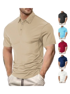 Detail of knit fabric texture and color options for men's short-sleeve polo shirts