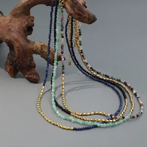 Collier en Pierre Naturelle Bohème pour Femmes Acier Inoxydable Spinelle Noire Lapis-lazuli Tourmaline Choker Perles Bijoux Vintage