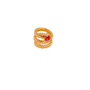 Luxury gold plated triple layer snake ring featuring a red pear-shaped zircon stone