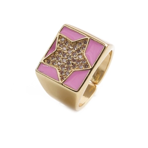 Adjustable gold star ring with pink enamel and micro-pave cubic zirconia stones