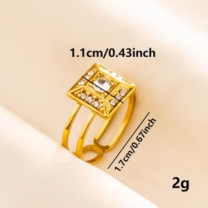 Adjustable 304 stainless steel open ring with a hollow square zircon geometric top
