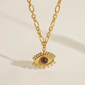 Gold Evil Eye pendant necklace with red stone and rhinestones on chunky chain