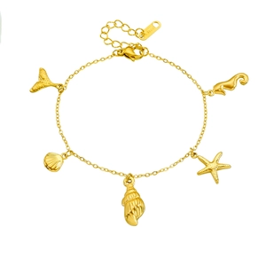 Gold stainless steel bracelet featuring ocean charms like seahorse and starfish motifs