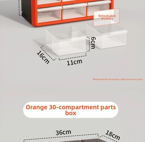 Detailed view of orange 30-drawer organizer with dimensions and removable dividers