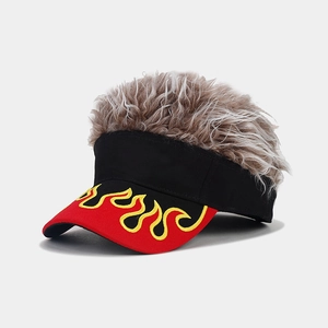 Detailed flame embroidery on brim and fluffy synthetic hair attachment of the punk cap