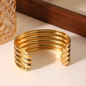 18K gold-plated stainless steel wide multi-layer ribbed open cuff bracelet for women