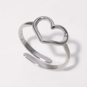 Polished stainless steel open ring featuring a minimalist hollow heart shape design