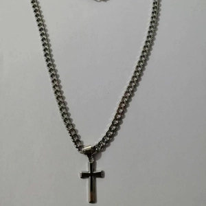 Polished silver stainless steel cross pendant on Cuban chain necklace for men