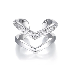 Detail of S925 silver double-layer V-shaped ear cuff with zircon inlay and polished finish