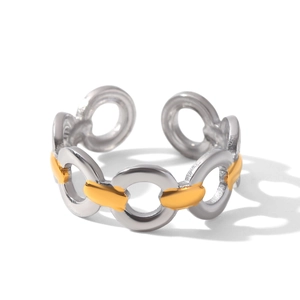 Close-up of a two-tone gold and silver interlocking geometric adjustable ring