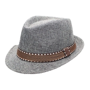 Retro grey linen jazz fedora hat for kids with stylish striped band for outdoor protection