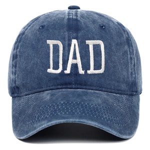 Vintage washed denim blue baseball cap featuring DAD white embroidery on a soft top crown