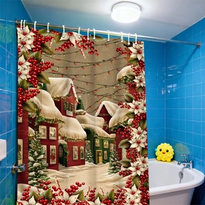 Detailed Christmas shower curtain featuring snowy red houses and evergreen trees in a bathroom