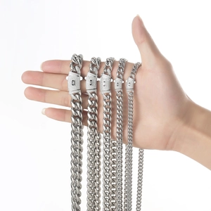 Polished stainless steel Cuban link necklaces in five widths with zircon spring clasps