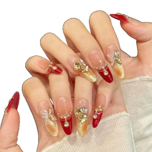 Handmade gold-gilded burgundy cat eye press-on nails with 3D butterfly and rhinestones