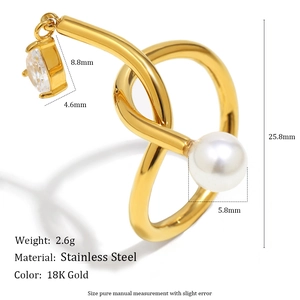 Bague en acier plaqué or 18K avec nœud, perle blanche et zircon en forme de larme