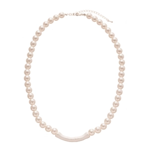 Vintage minimalist pearl necklace with gold matte bar pendant on white background