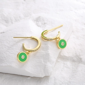 18K gold plated drop earrings with green enamel eye charms and zircon accents