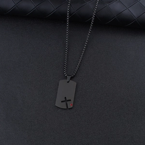 Men's black stainless steel dog tag necklace with hollow cross and red crystal inlay