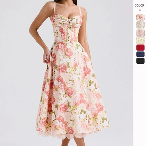 Floral Print Spaghetti Strap Midi Dress French Style Corset Bodice Lace Hem A-line Summer Dress With Pockets Elegant