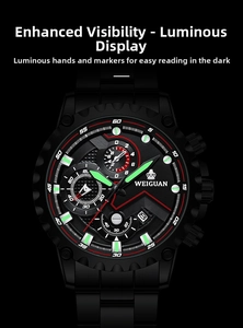 Luminous dial view of WEIGUAN sports watch showing glowing hands in dark setting