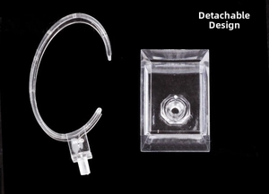Clear acrylic watch stand with detachable C-ring hook and rectangular base for display