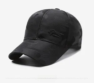 Detail of Sport embroidery on black camouflage baseball cap with fine fabric texture