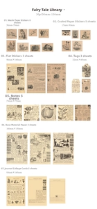 Vista dettagliata di 30 pezzi di cancelleria vintage con farfalle e funghi illustrati