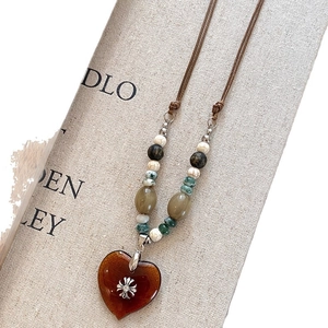 Retro tiger eye heart pendant necklace with irregular beads and vintage metal cross