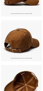 Detail view of brown washed cotton baseball cap featuring metal buckle and inner stitching