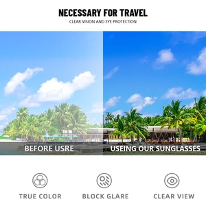 Polarized sunglasses showing visual contrast between glare and clear vision on beach