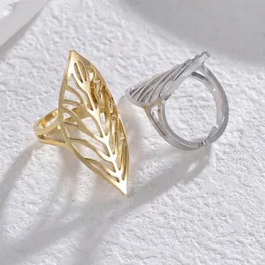 Stainless Steel Hollow Leaf Open Ring For Women 18K Gold Plated Adjustable Tarnish Free High End Jewelry
