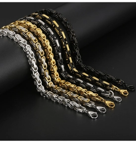 Détail de colliers chaîne byzantine de 6 mm en acier inoxydable doré, argenté et noir