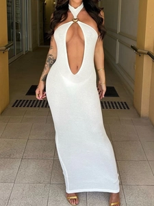 Halter Neck Cut Out Maxi Dress White Knitted Ribbed Backless With Shell Metal Buckle Sexy Bodycon Long Dress For Women