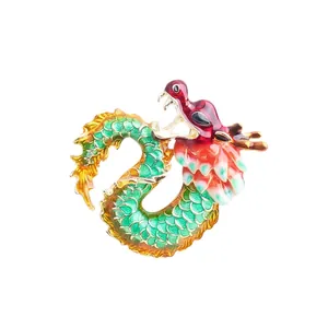 Creative Chinese style dragon brooch with green and red enamel and gold plating