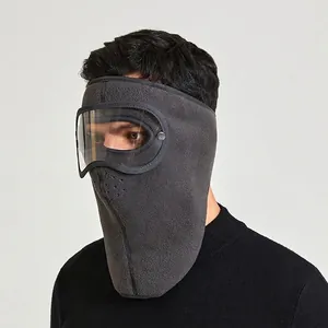 Grey winter fleece face mask with protective goggles and neck warmer for cycling and skiing