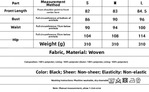 Detailed size chart and fabric specifications for PU leather strap mini dress