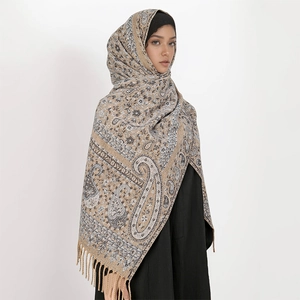 Premium thick paisley scarf for women with tassels in beige and grey autumn winter shawl