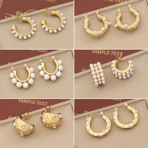 Geometric C-Shape Hoop Stud Earrings Stainless Steel With Artificial Pearls And Rhinestones Vintage Elegant Jewelry For Women