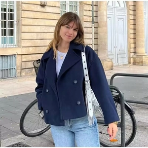 Short navy double-breasted wool jacket for women with lapel collar in urban street style