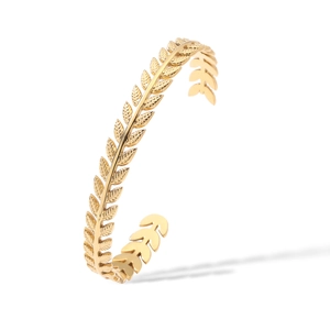 Minimalist 18K gold plated stainless steel C-shaped cuff bracelet with leaf design