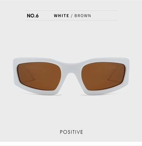 Front view of Y2K cyberpunk sports sunglasses with white frames and brown lenses